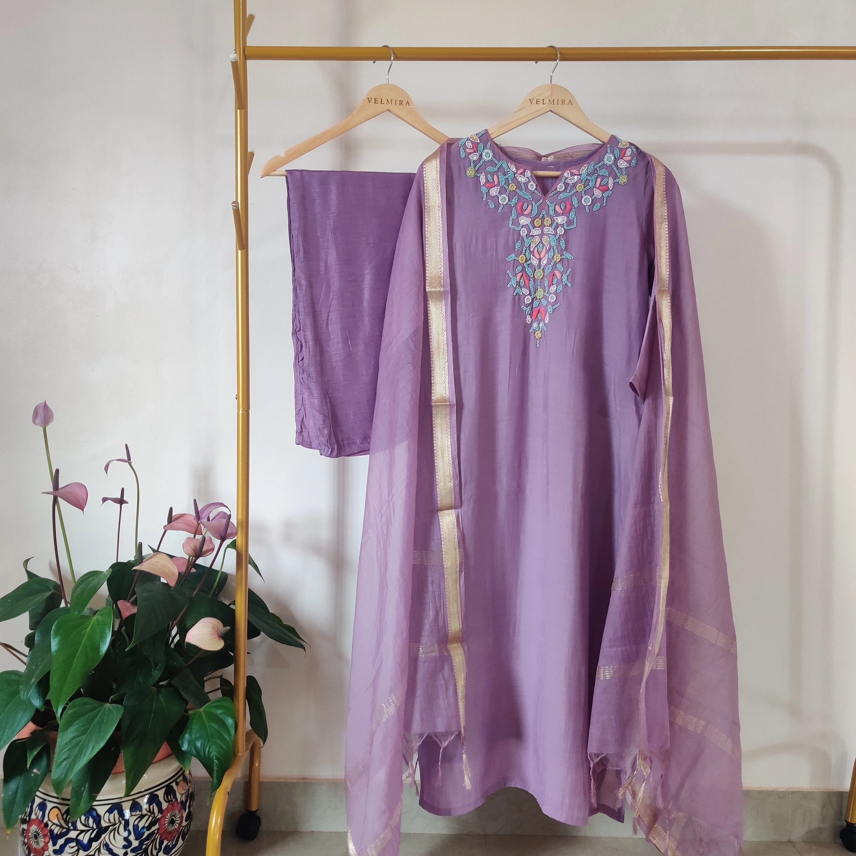 Mul Chanderi Kurta Suit with hand embroidery