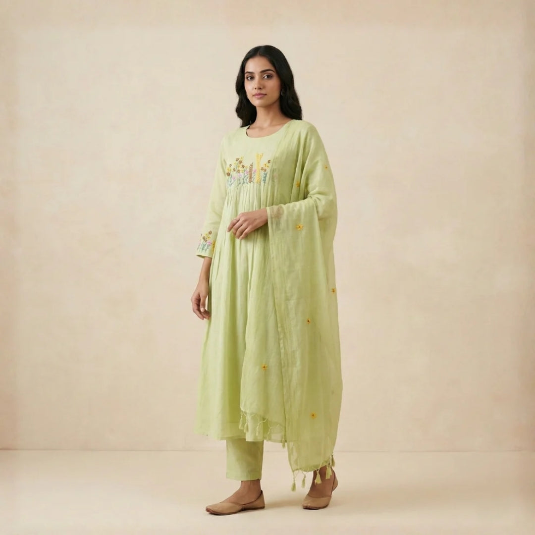 Pista Green Mul Chanderi Suit set