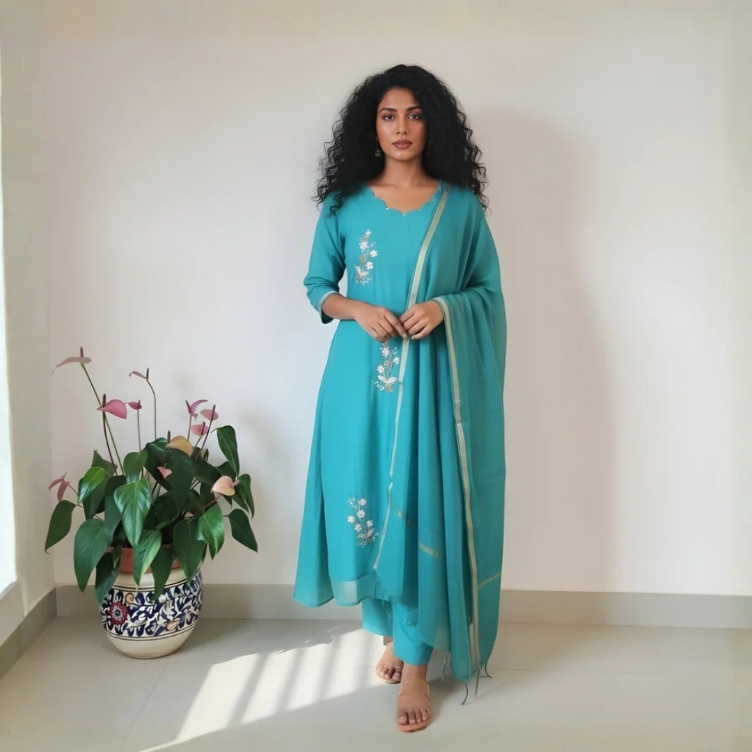Pine Green Mul Chanderi Suit set