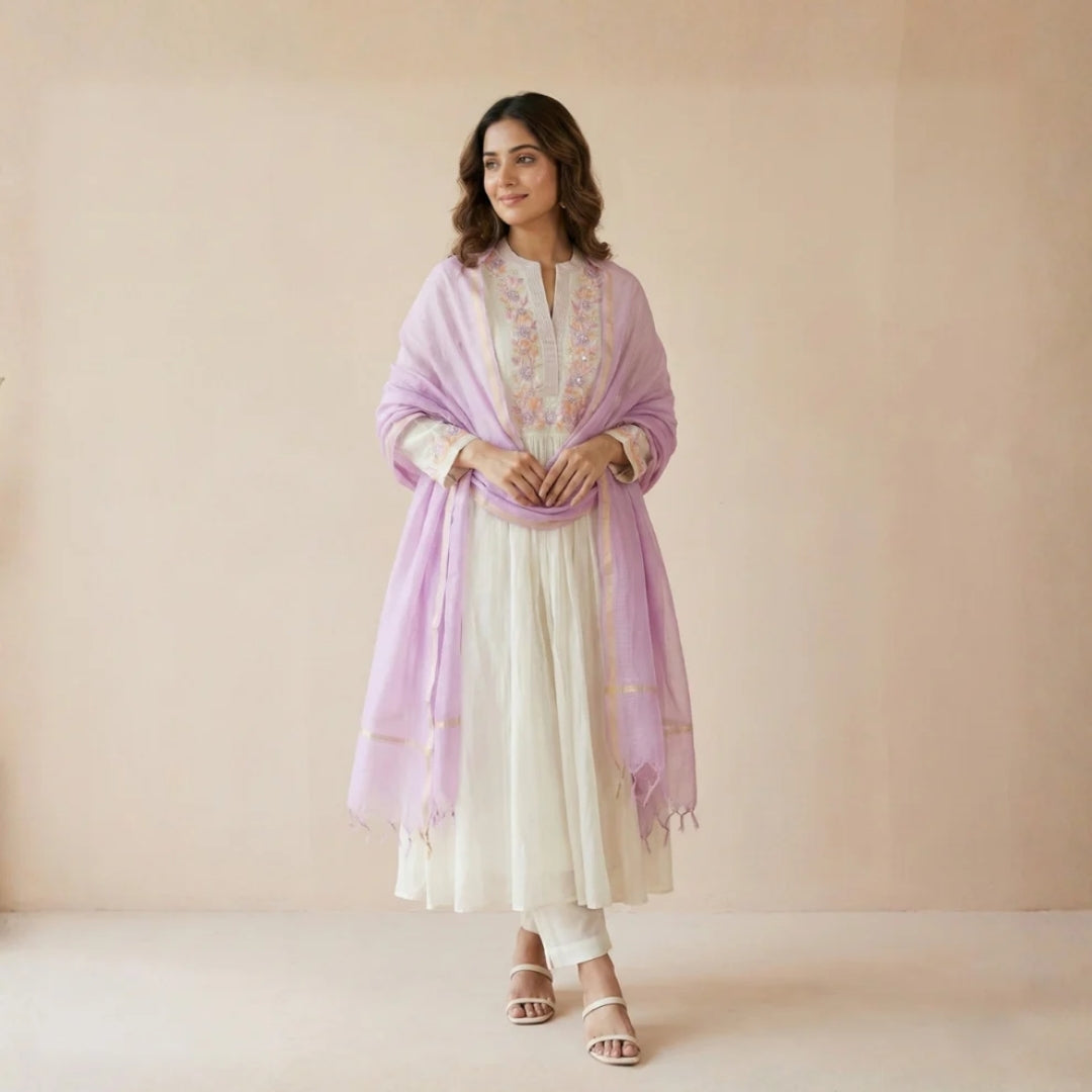 Premium White Mul Chanderi Suit Set with hand embroidery