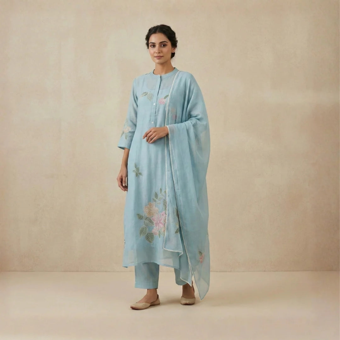 Powder Blue Mul Chanderi suit set