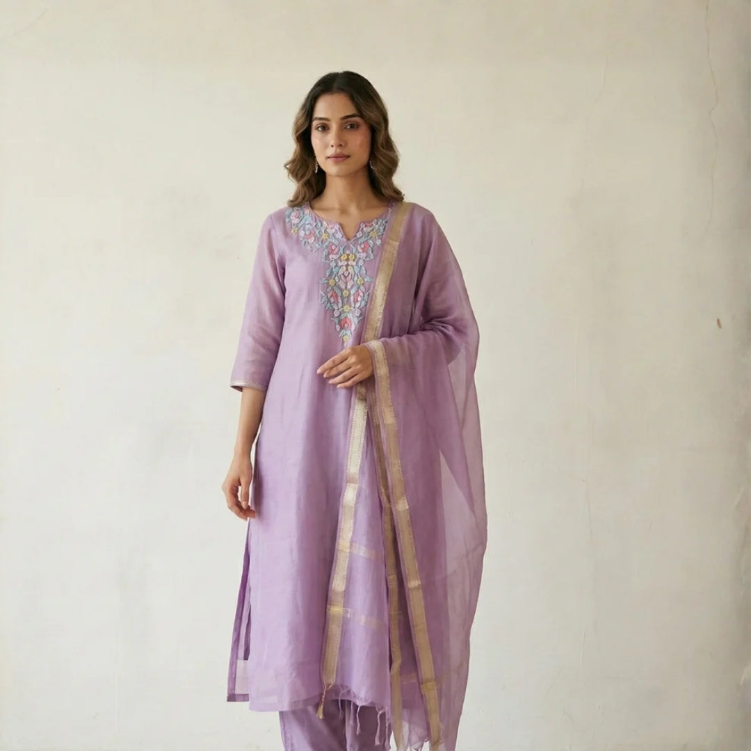 Mul Chanderi Kurta Suit with hand embroidery