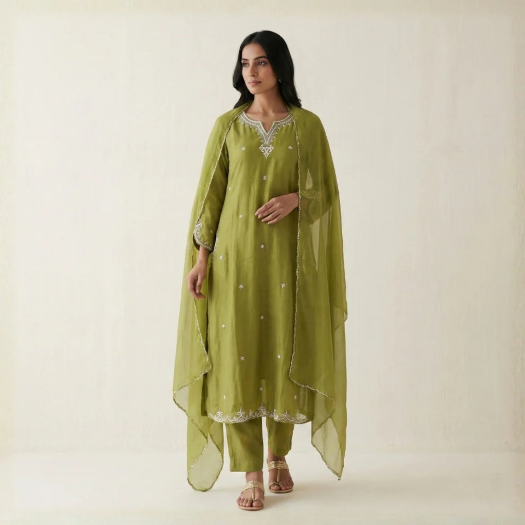 Mehendhi Green Mul Chanderi Suit set
