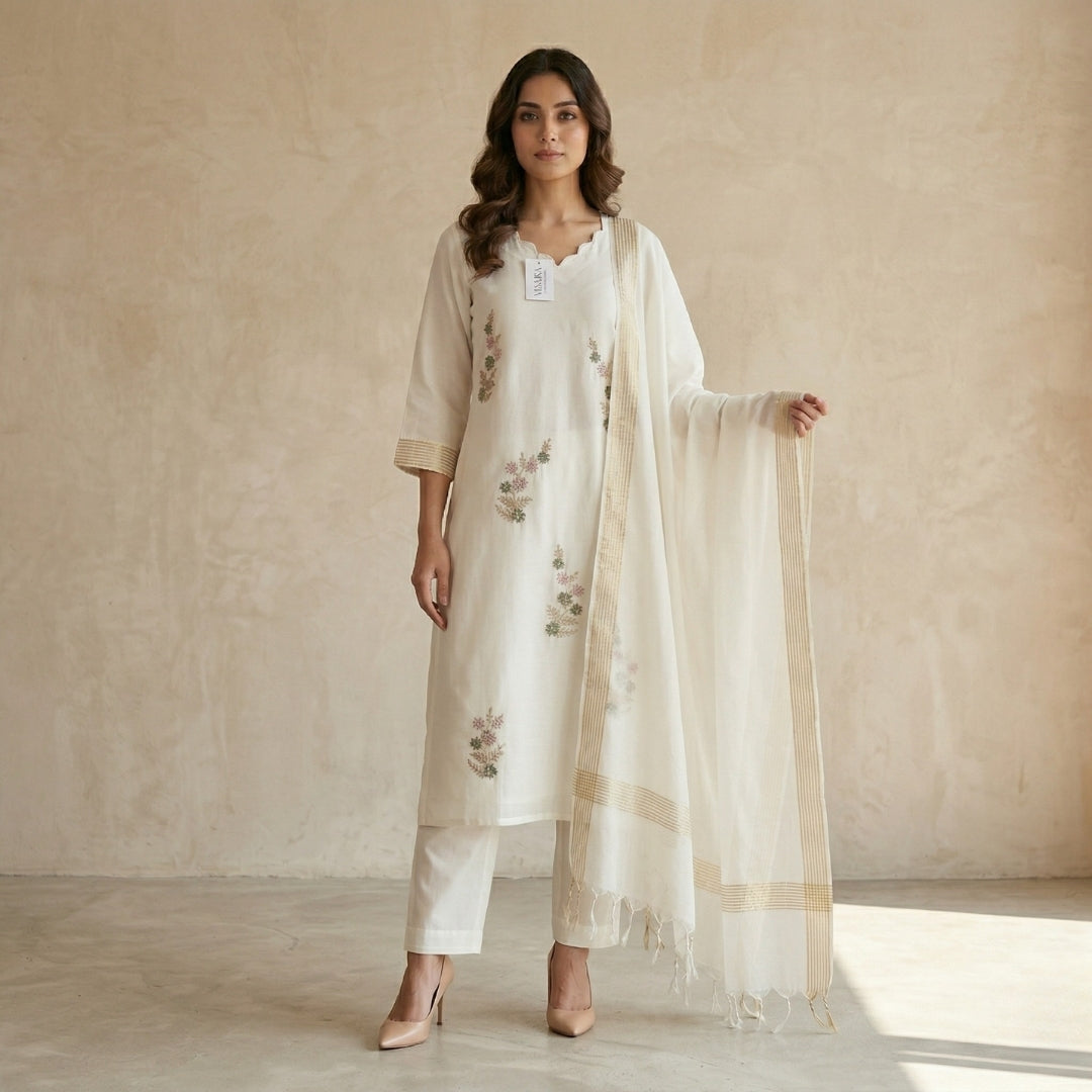 Half White Mul Chanderi Suit Set