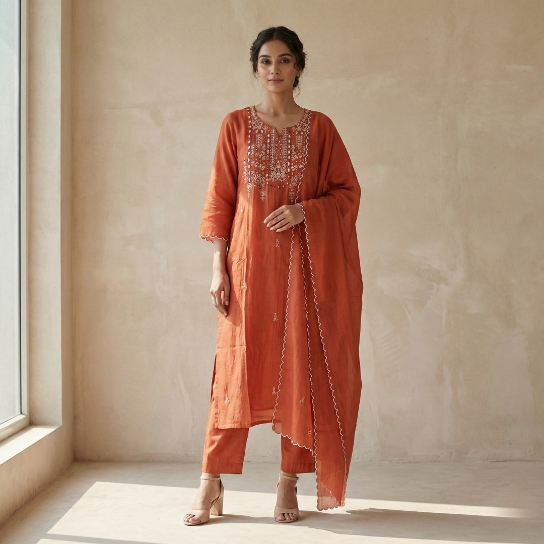 Rust Orange Mul Chanderi Kurta Suit