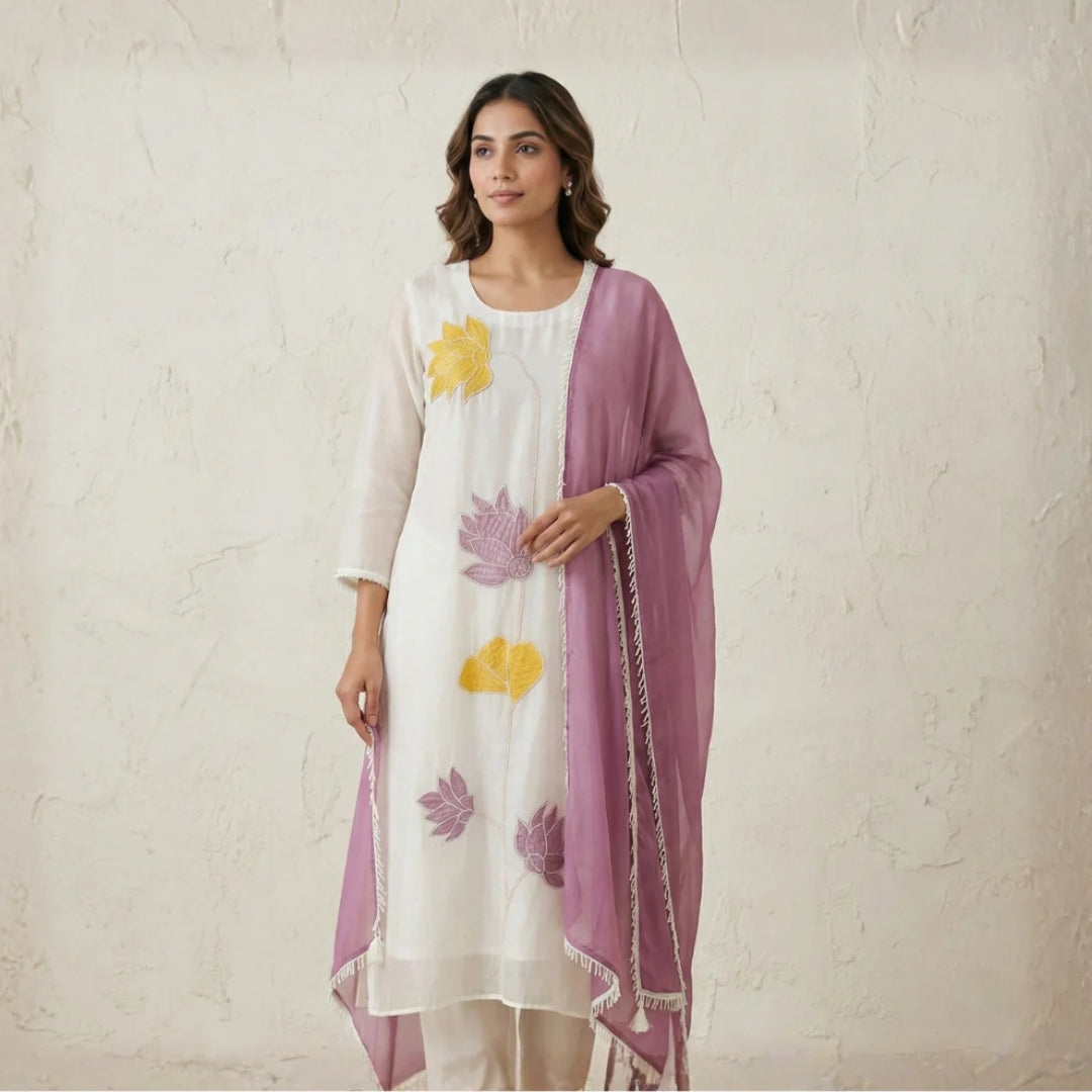 White Mul Chanderi Suit Set