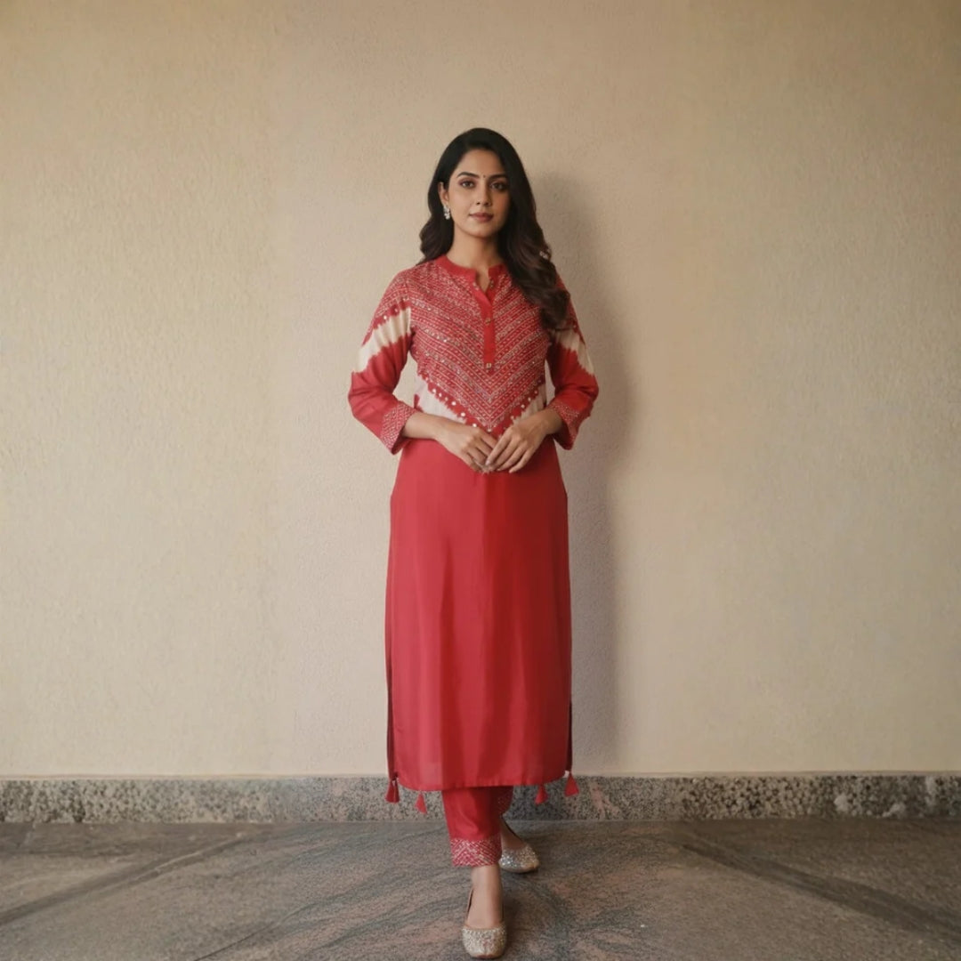 Pure Muslin Rust Orange Embroidered Co-Ord Set
